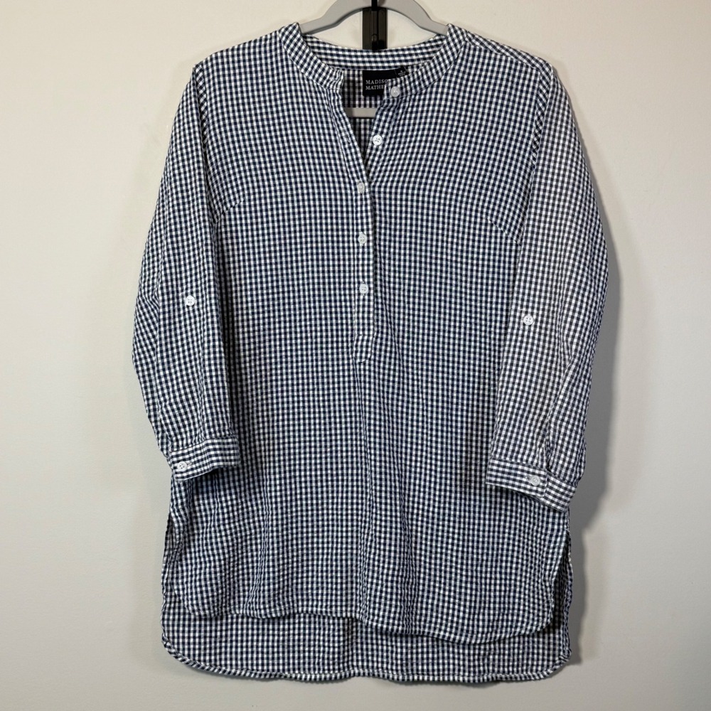 Madison Mathews Gingham Tunic Women Small Navy Blue Henley Coastal Preppy Cotton